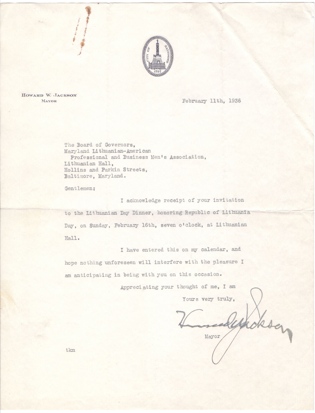 Laiškas, adresuotas Merilando lietuvių-amerikiečių profesionalų ir verslininkų asociacijai